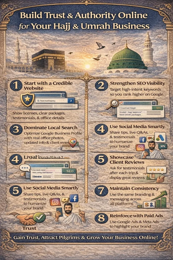 Professional digital marketing visual showing trust-building strategies for Hajj & Umrah businesses including SEO, local search optimization, social media engagement, reviews, and content marketing.