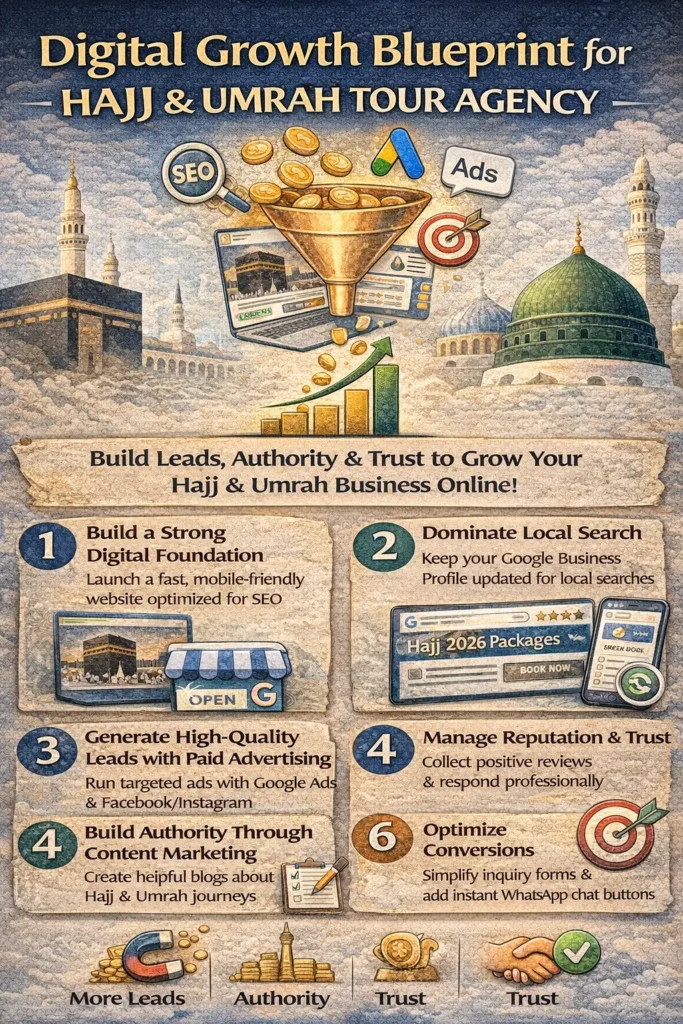 This is info graphic for Digital Growth Blueprint for Hajj & Umrah Tour Agency