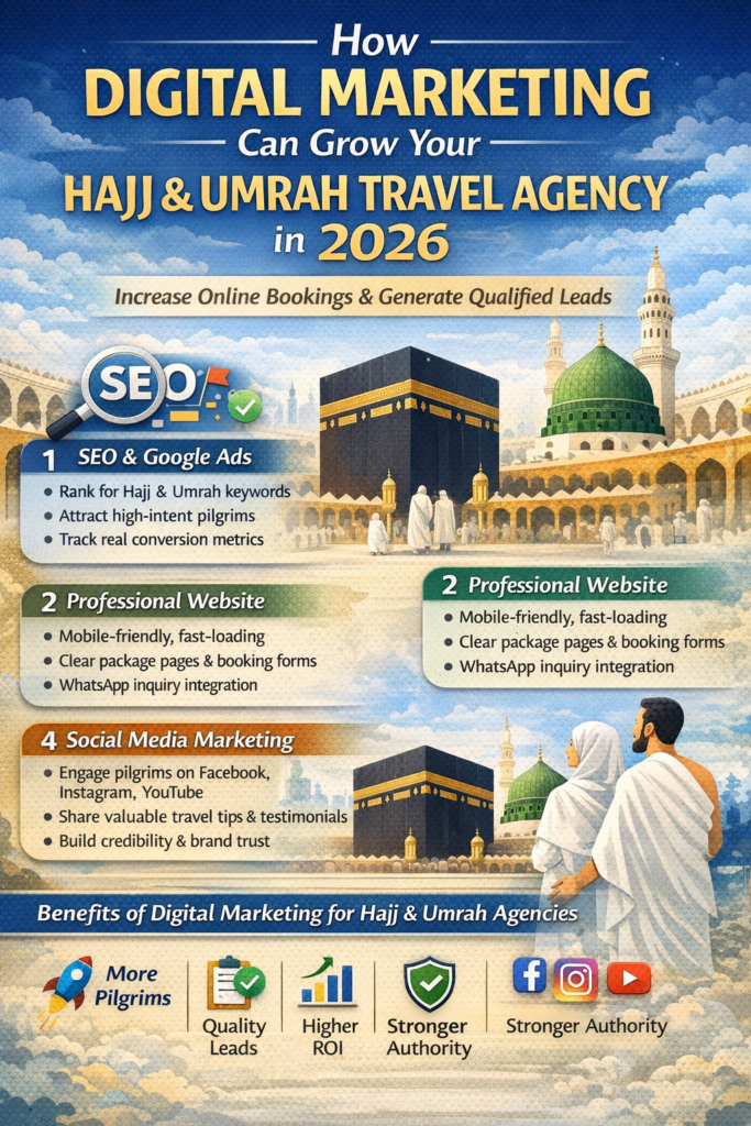 This is info graphics for how digital marketing can grow your hajj & umrah travel agency in 2026