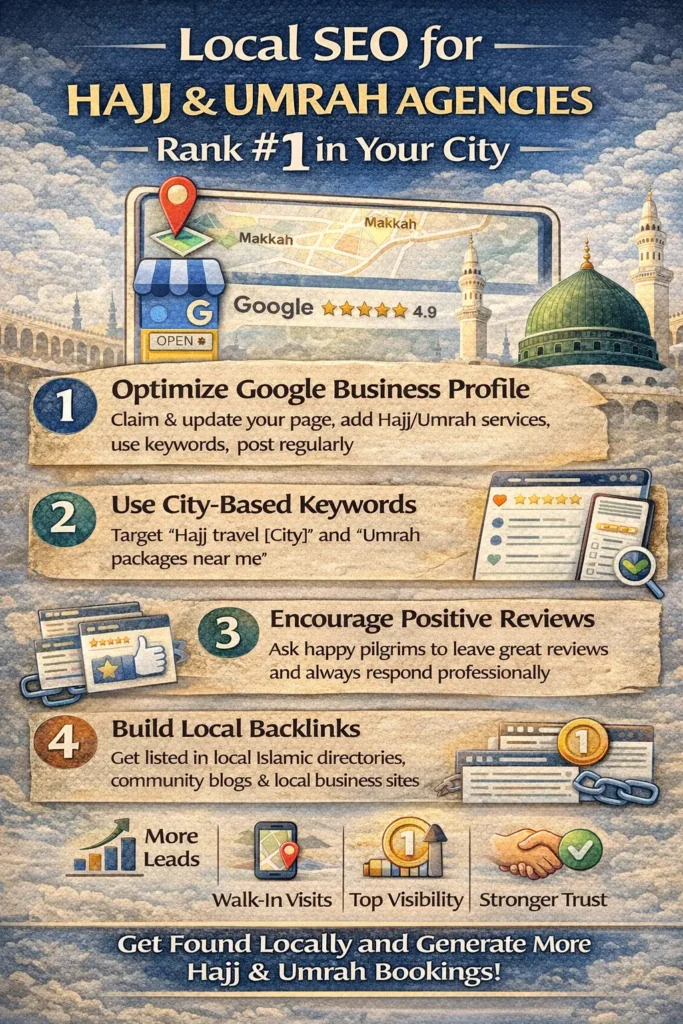 This is info graphic for nfographic showing Local SEO strategies for Hajj & Umrah agencies, including Google Business Profile optimization, city keywords, reviews, and local backlinks to rank #1 in city searches.