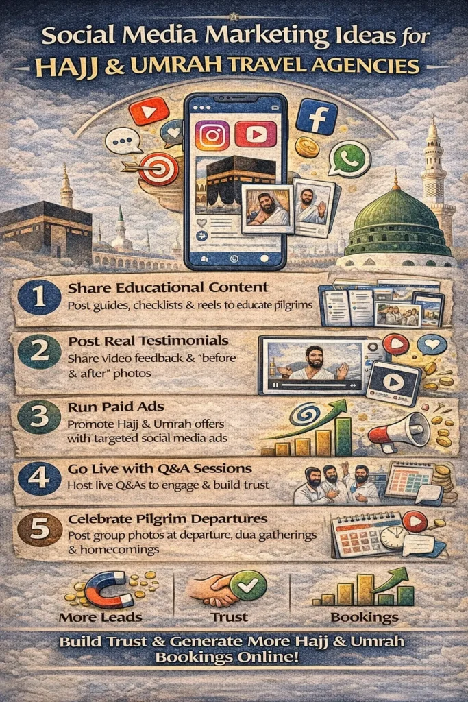 This is ino graphics for Social Media Marketing Ideas for Hajj & Umrah Travel Agencies