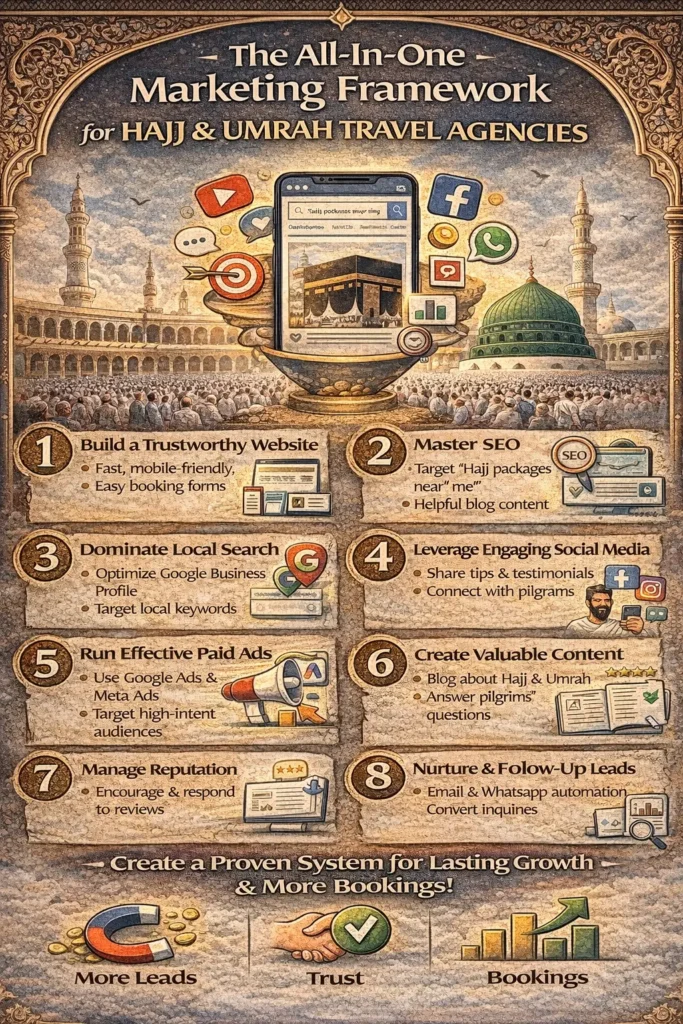 Infographic showing an all-in-one marketing framework for Hajj & Umrah travel agencies including SEO, local search optimization, social media marketing, paid ads, content strategy, and lead generation.
