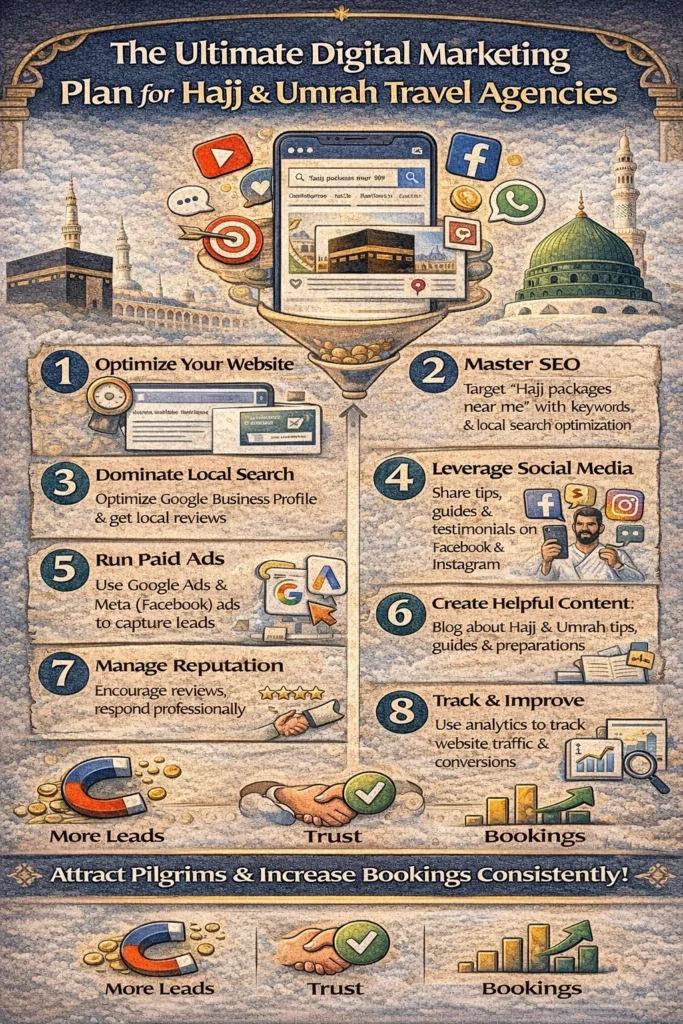 Digital infographic showing the ultimate digital marketing plan for Hajj & Umrah travel agencies including SEO, local SEO, social media marketing, paid ads, content marketing, and review management.